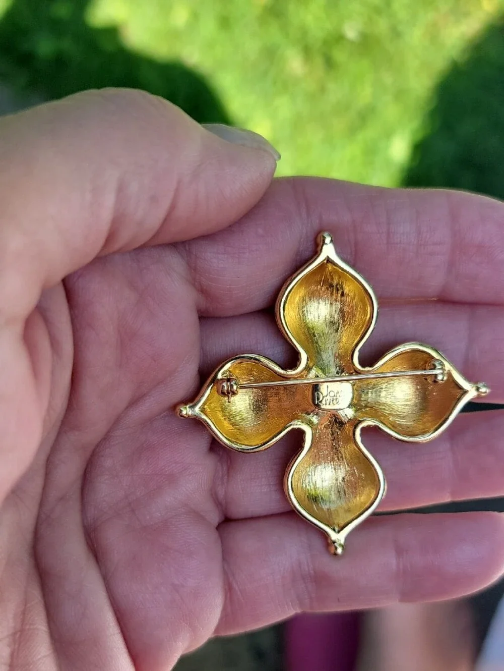 Vintage Joan Rivers Gold-Tone Cross Brooch with Green Center & Amber Enamel
